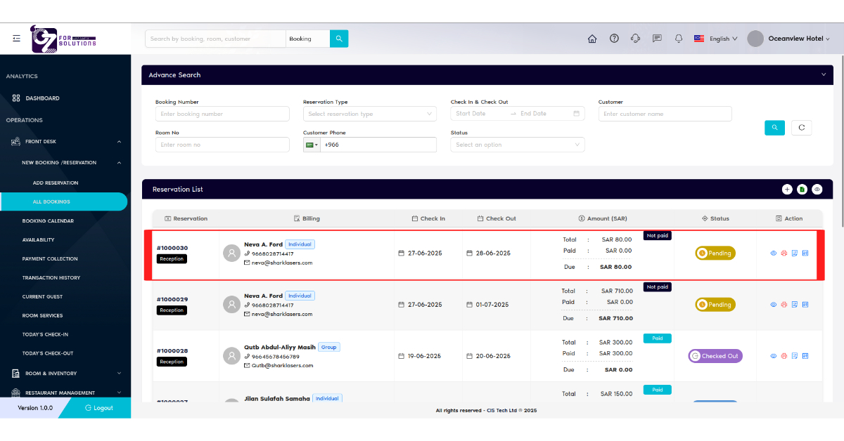 Created Reservation View On List